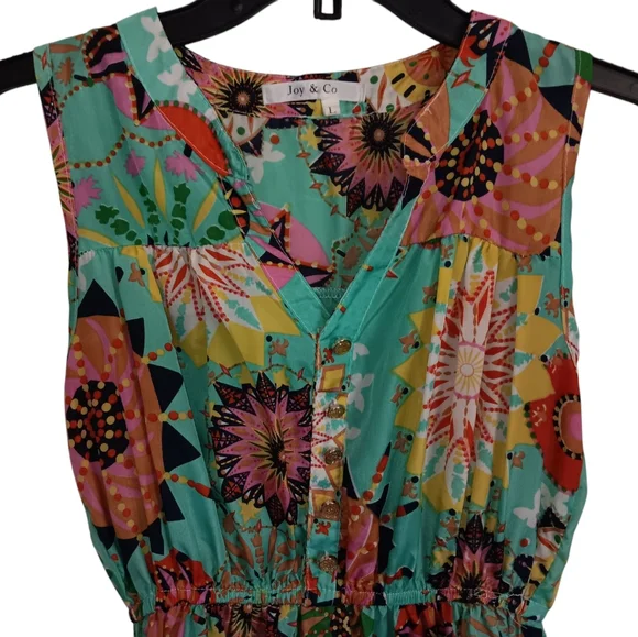 Joy & Co. Sleeveless Mini Dress, Aqua with Multi-Color Print, sz L, EUC! - Picture 3 of 10